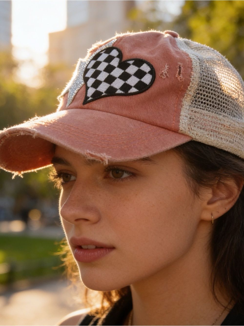 Coral Distressed Cap with Silver Star and Checkered Heart